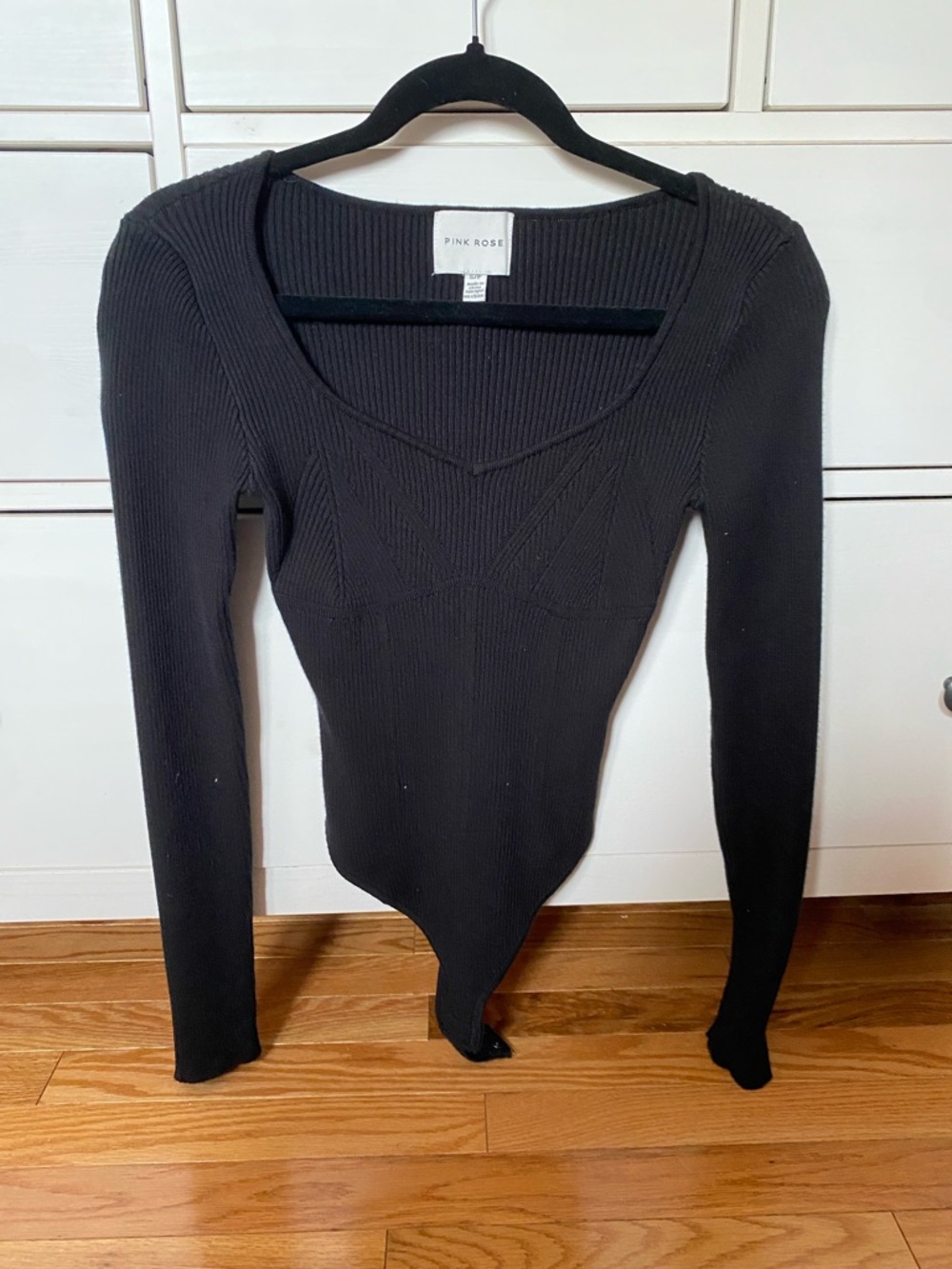 Pink Rose Black Ribbed Scoop-Neck Long-Sleeve Bodysuit